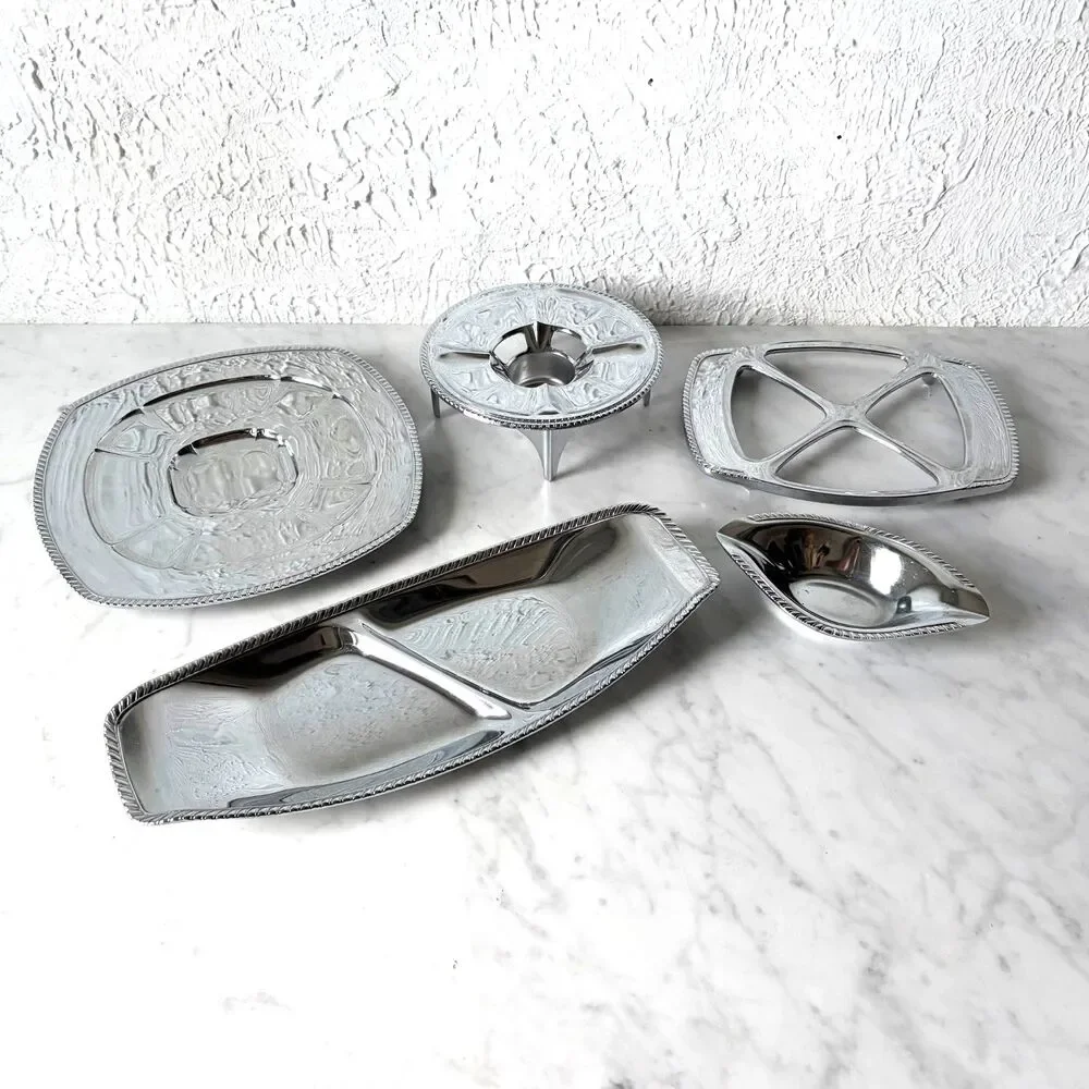Doehler Jarvis Mid Century Polished Aluminum Serving Set 5 Pieces Candle Warmer